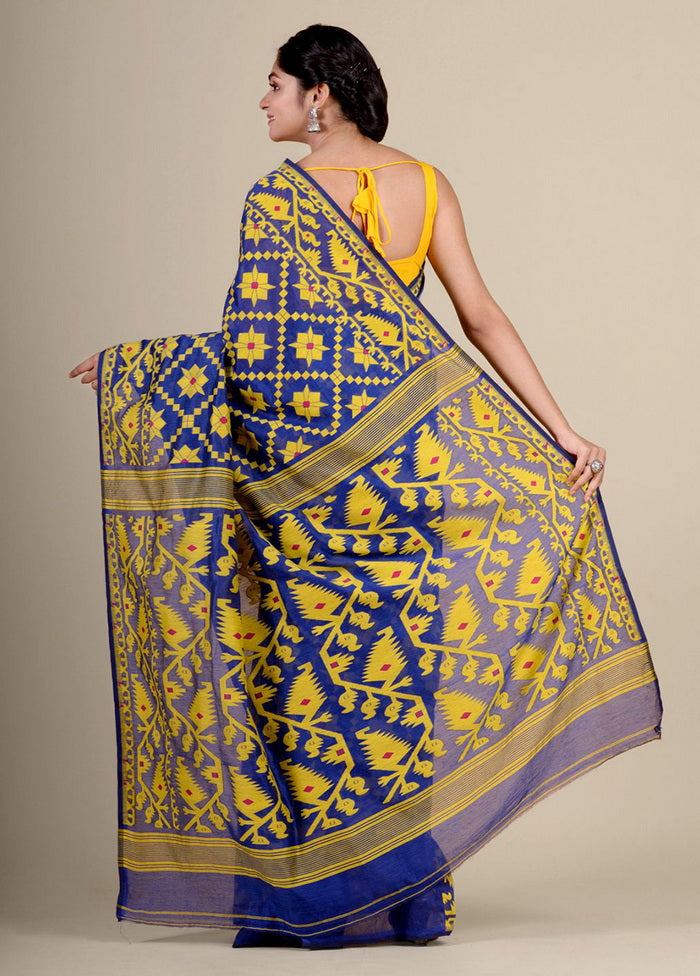 Blue Silk Cotton Handwoven Jamdani Saree Without Blouse Piece - Indian Silk House Agencies