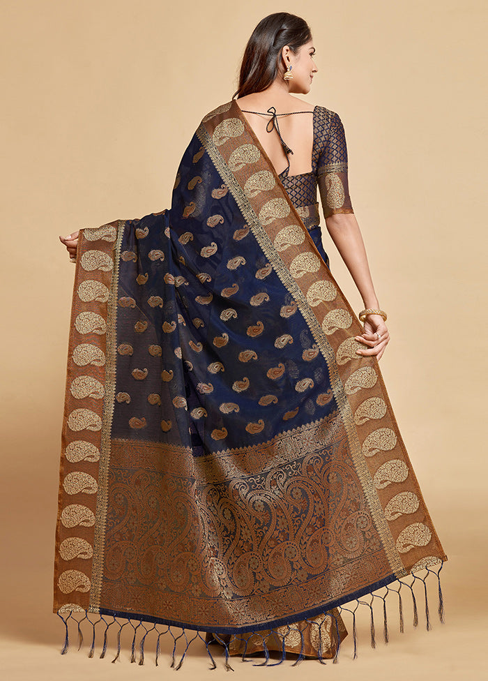 Navy Blue Chanderi Silk Saree With Blouse Piece - Indian Silk House Agencies