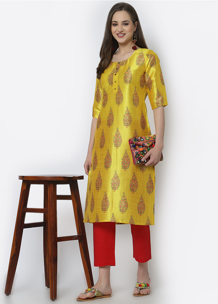 Yellow Readymade Satin Digital Print Kurti VDASD040930 - Indian Silk House Agencies