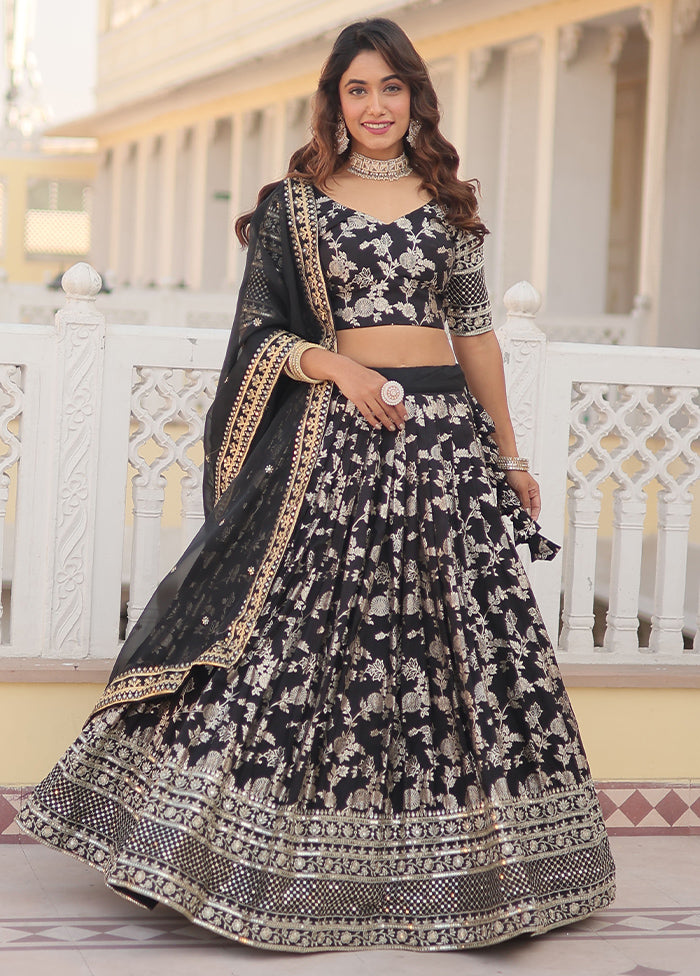 Pc Black Viscose Semi Stitched Lehenga Set - Main Image