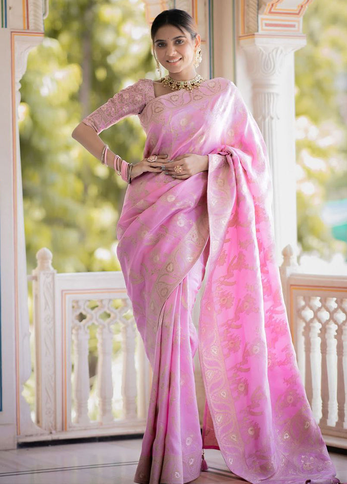 Light Pink Spun Silk Saree With Blouse Piece - Main Image