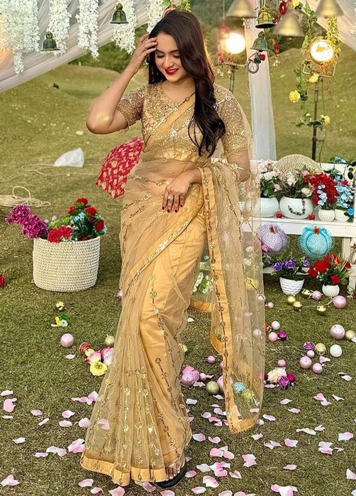 Saree Jewellery Girl Gold Net Saree With Blouse Piece