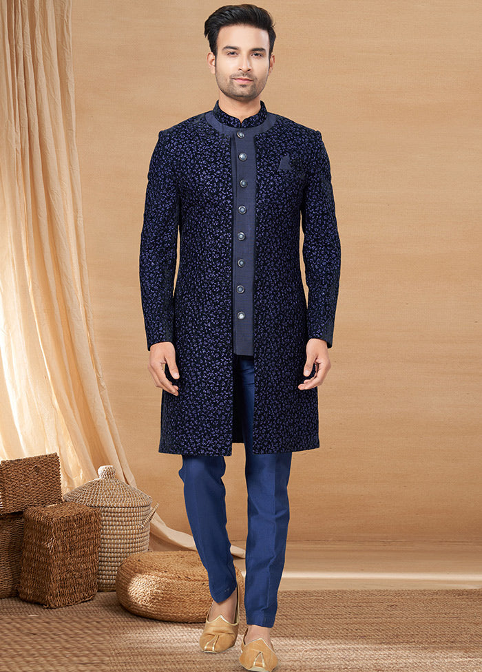 3 Pc Navy Blue Dupion Silk Ethnic Wear Set
