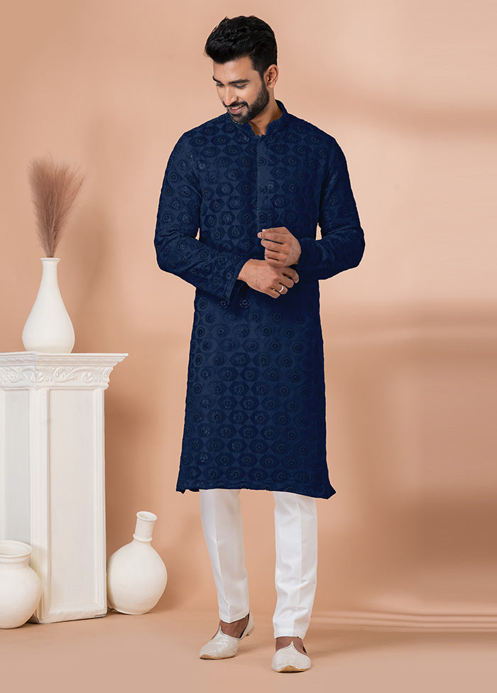 Pc Navy Blue Georgette Kurta Pajama Set - Main Image