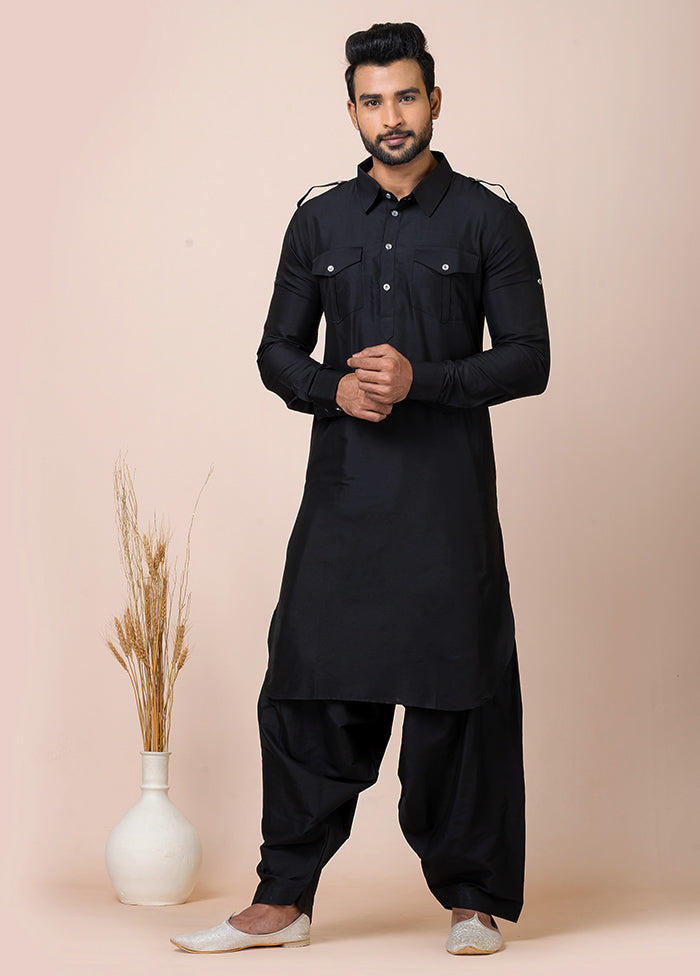 Black Full Sleeves Mandarin Collar Pathani Kurta And Churidaar Set