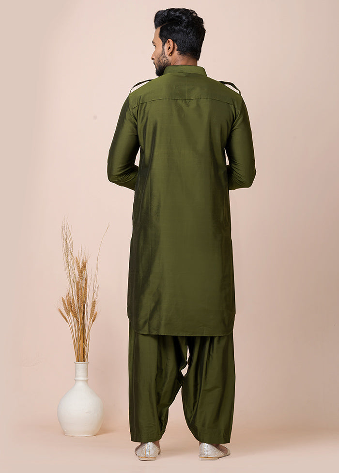 Rama Green Full Sleeves Mandarin Collar Pathani Kurta And Churidaar Set