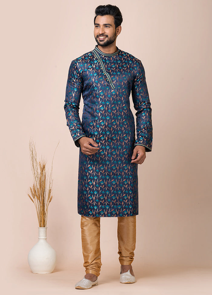 Navy Blue Full Sleeves Mandarin Collar Pathani Kurta And Churidaar Set