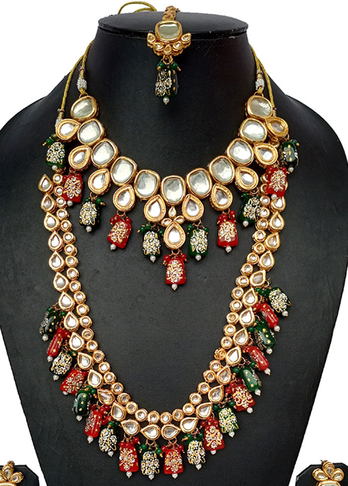 Gold Plated Kundan Jewellery Set With Red And Green Polki - Indian Silk House Agencies