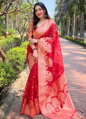 Red Organza Saree With Blouse Piece