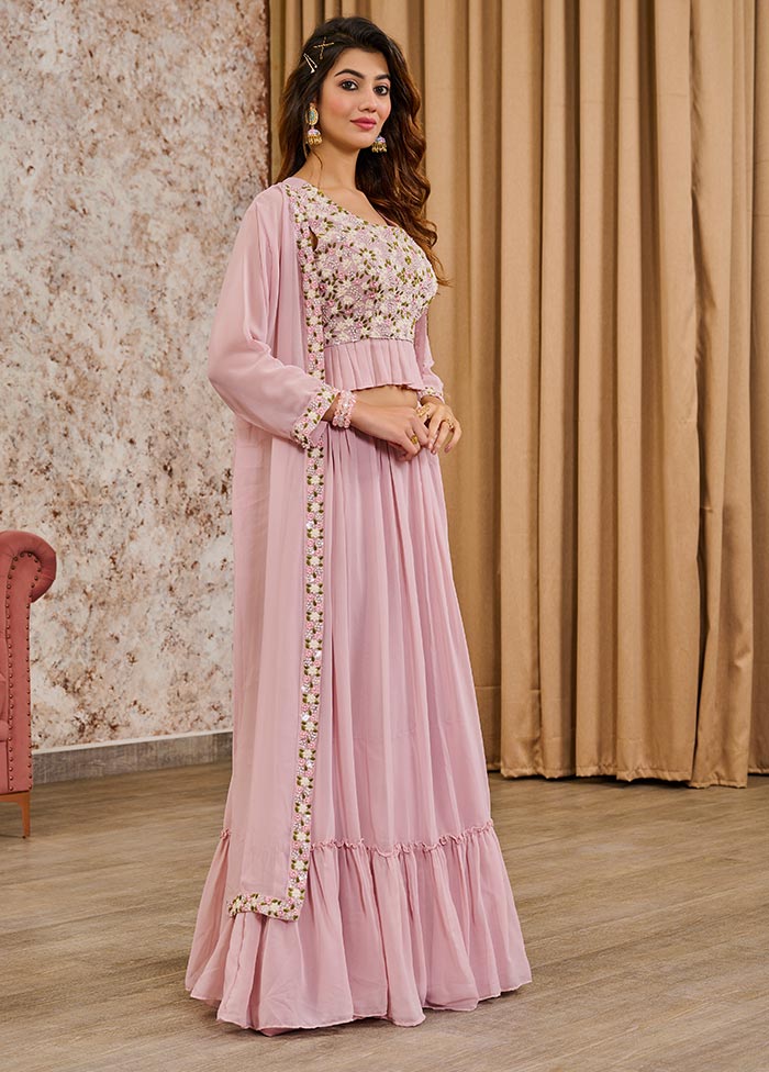 3 Pc Light Pink Silk Readymade Lehenga Set - Indian Silk House Agencies
