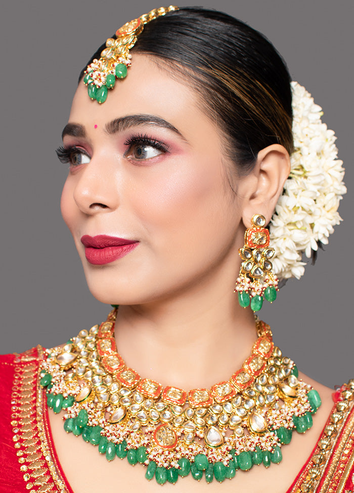 Green Red Gold Toned Handcrafted Kundan Necklace With Matching Earrings And Mangtika - Indian Silk House Agencies