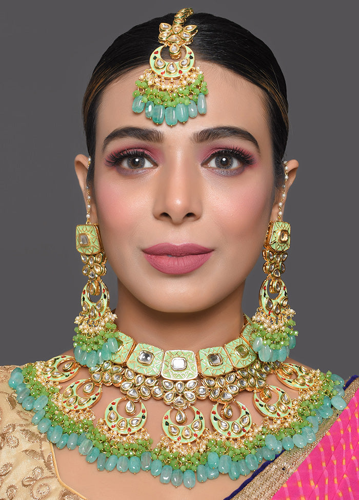 Green Enameled Kundan Maharani Necklace And Earrings With Mangtika - Indian Silk House Agencies