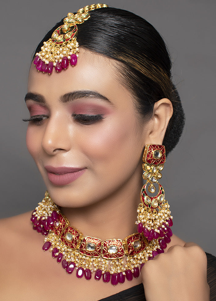 Kundan Inspired Mahroon Enameled Necklace And Earrings With Mangtika - Indian Silk House Agencies