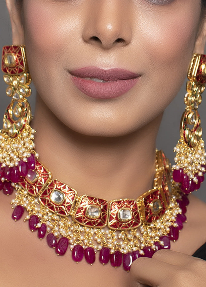 Kundan Inspired Mahroon Enameled Necklace And Earrings With Mangtika - Indian Silk House Agencies