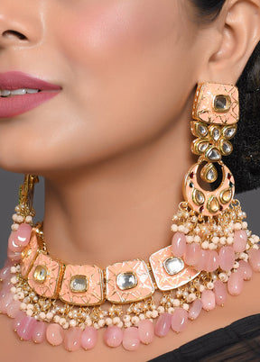 Handcrafted Kundan Peach Enameled Necklace With Earrings And Mangtika - Indian Silk House Agencies