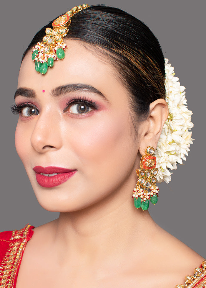 Red Gold Toned Kundan Earrings With Mangtika - Indian Silk House Agencies