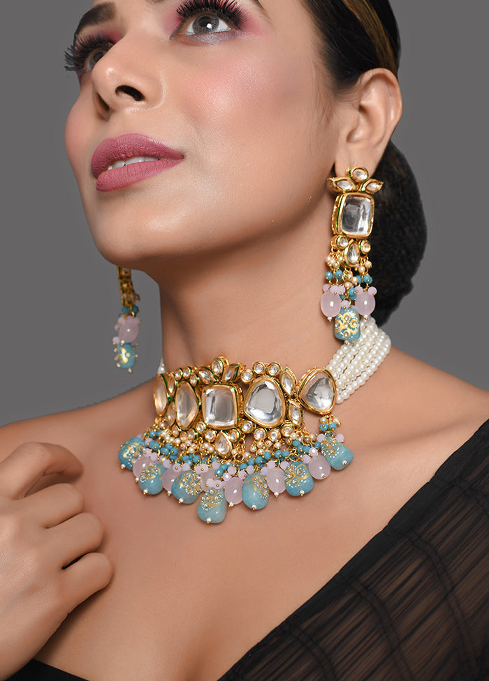 Pastel Blue Beaded Kundan Necklace And Earrings Set - Indian Silk House Agencies