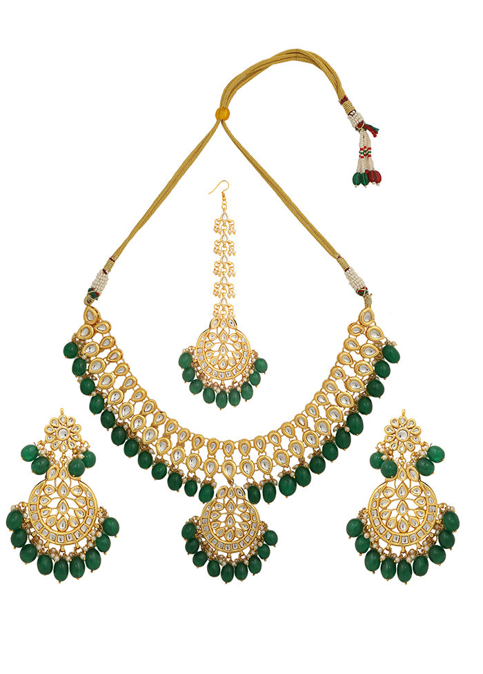 Green Kundan Work Copper And Alloy Necklace With Earrings And Mangtika - Indian Silk House Agencies