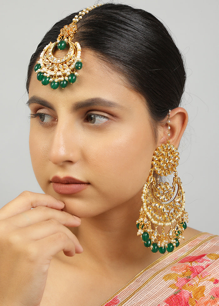 Green Kundan Work Copper And Alloy Earrings With Mangtika - Indian Silk House Agencies