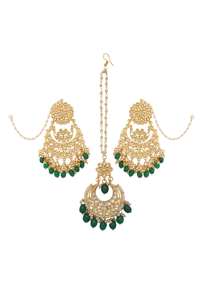 Green Kundan Work Copper And Alloy Earrings With Mangtika - Indian Silk House Agencies