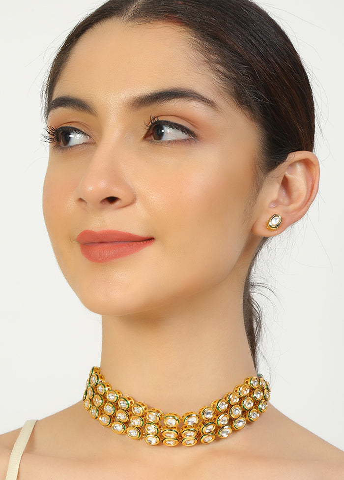 Golden Kundan Work Copper And Alloy Necklace With Earrings - Indian Silk House Agencies