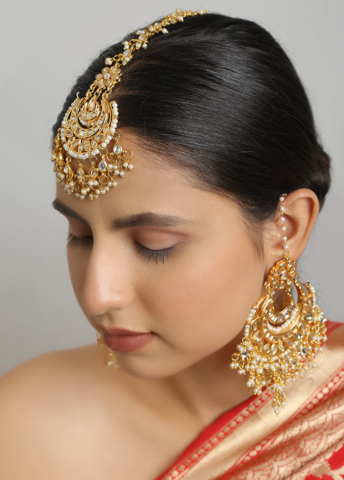 Golden Kundan Work Copper And Alloy Earrings With Mangtika - Indian Silk House Agencies