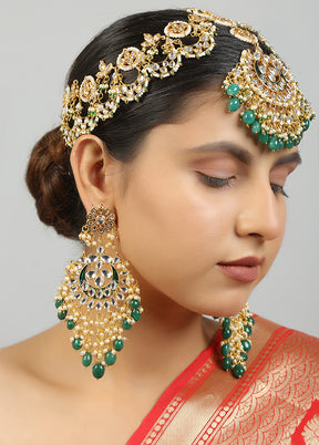 Green Kundan Work Copper And Alloy Mathapatti With Earrings - Indian Silk House Agencies