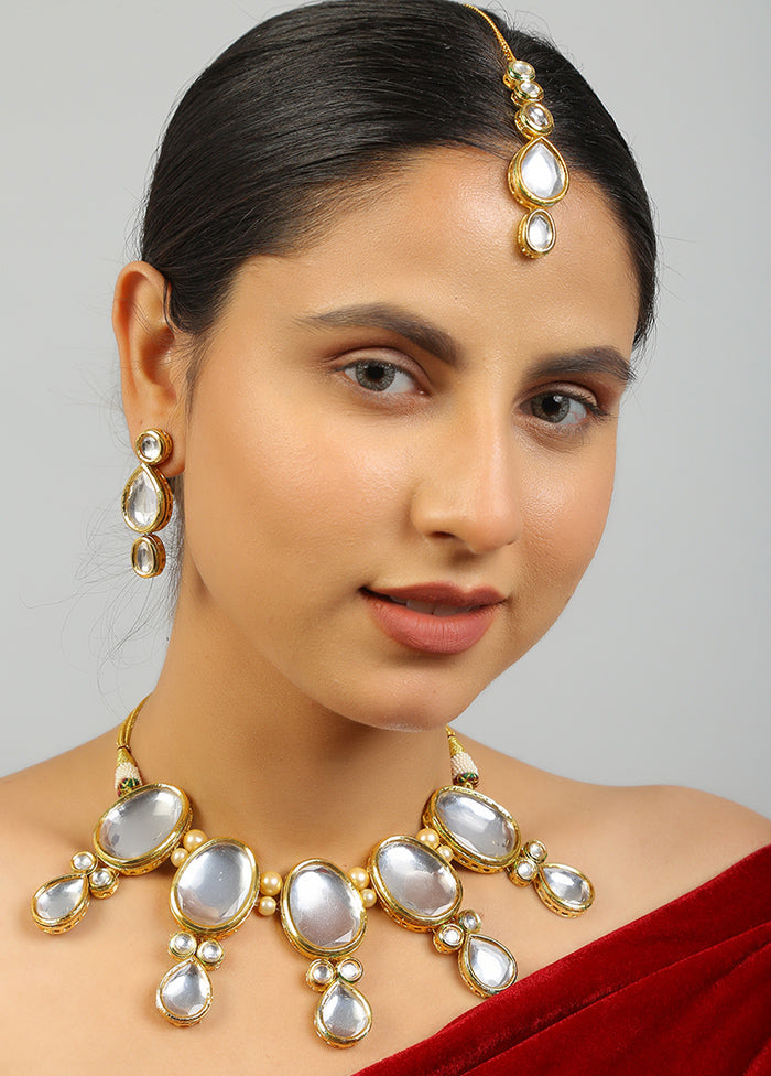 Golden Kundan Work Copper And Alloy Necklace With Earrings And Mangtika - Indian Silk House Agencies