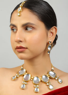 Golden Kundan Work Copper And Alloy Necklace With Earrings And Mangtika - Indian Silk House Agencies