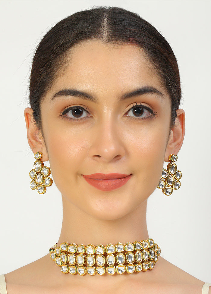 Golden Kundan Work Copper And Alloy Necklace With Earrings - Indian Silk House Agencies