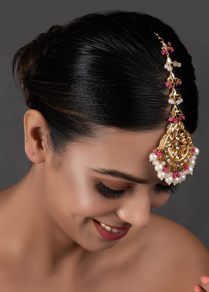 Pink Pearl Beaded Gold Tone Kundan Mangtika - Indian Silk House Agencies