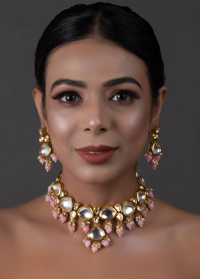 Pearl And Pink Beaded Gold Tone Kundan Inspired Necklace With Earrings - Indian Silk House Agencies