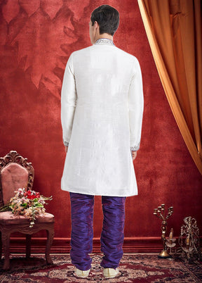 2 Pc Off White Dupion Silk Sherwani Churidar Set - Indian Silk House Agencies