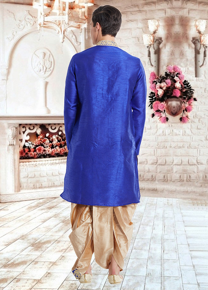 2 Pc Royal Blue Dupion Silk Kurta Dhoti Set - Indian Silk House Agencies