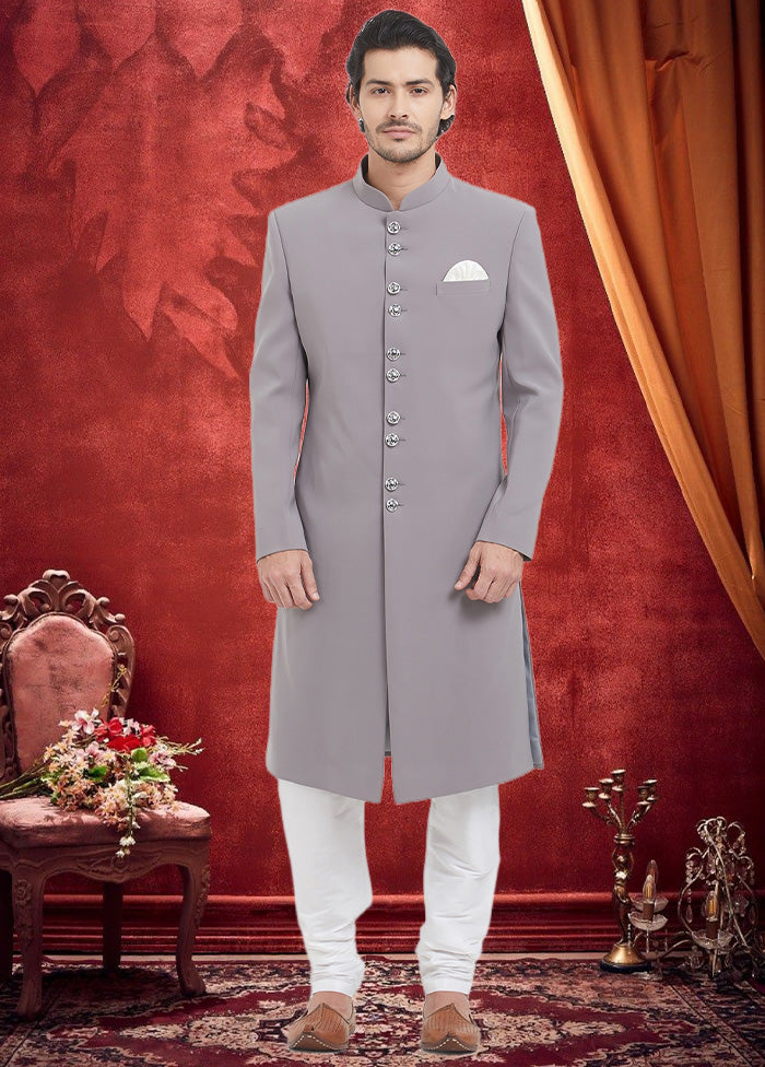 2 Pc Grey Dupion Silk Sherwani Churidar Set - Indian Silk House Agencies