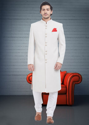 2 Pc White Dupion Silk Sherwani Churidar Set - Indian Silk House Agencies