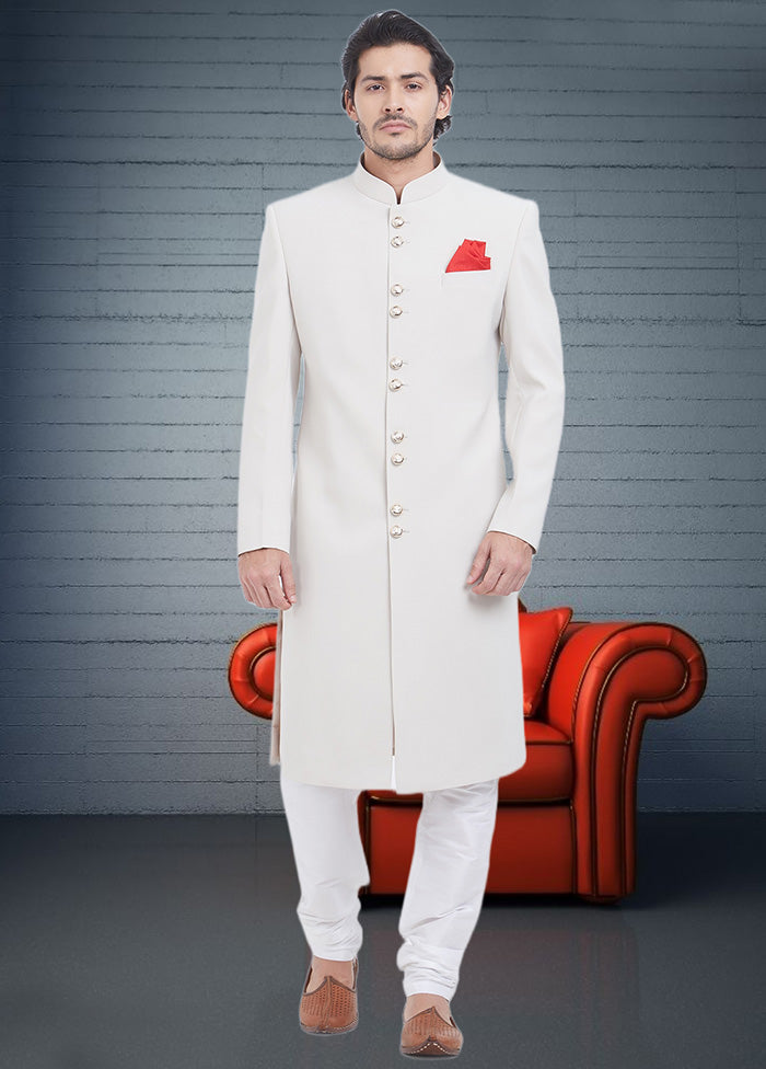 2 Pc White Dupion Silk Sherwani Churidar Set - Indian Silk House Agencies