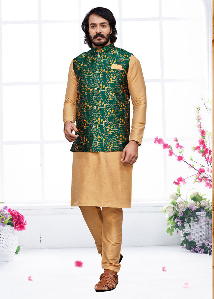 3 Pc Golden  Pure Silk Ethnic Wear