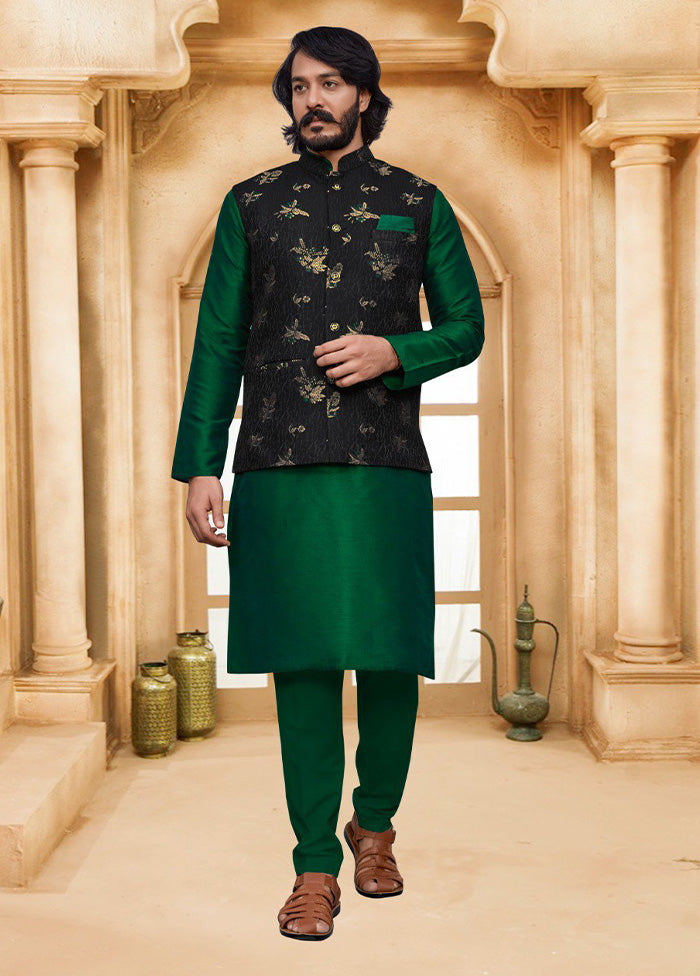 3 Pc Green Pure Silk Ethnic Wear
