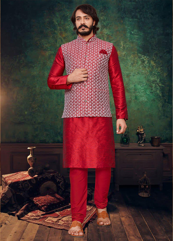 3 Pc Red Pure Silk Ethnic Wear