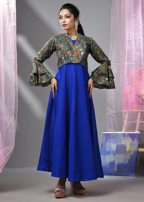 Blue Readymade Cotton Indian Dress With Jacket