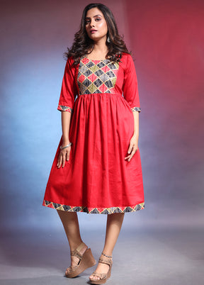 Red Readymade Cotton Indian Dress