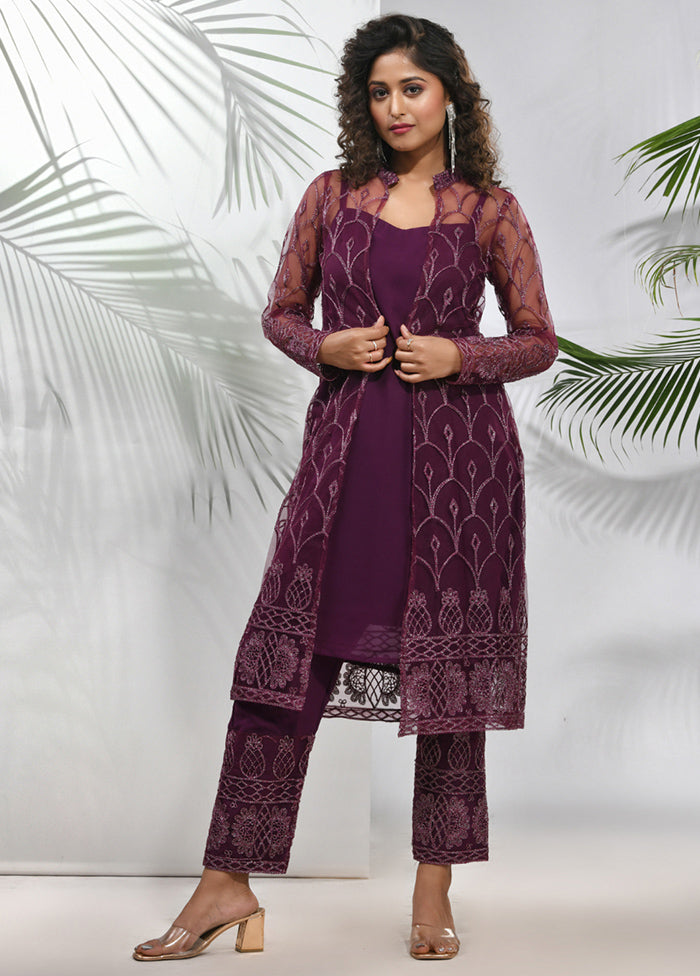 Pc Purple Readymade Georgette Net Jacket Suit Set