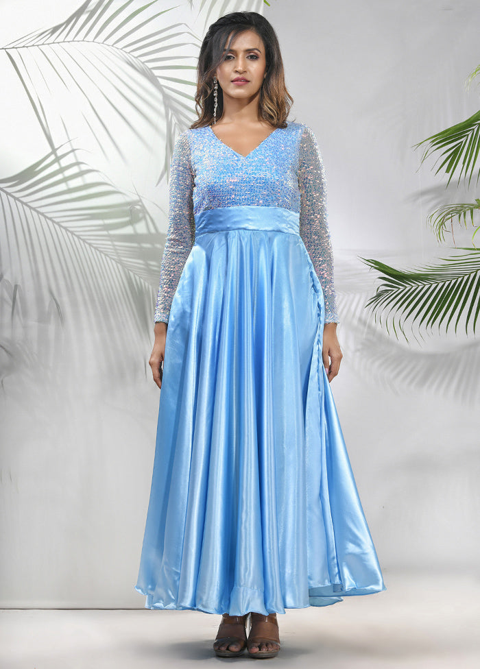 Sky Blue Readymade Silk Indian Dress