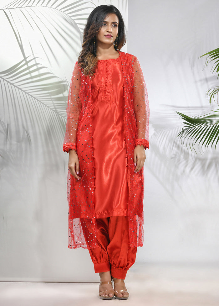 3 Pc Red Readymade Silk Net Jacket Suit Set