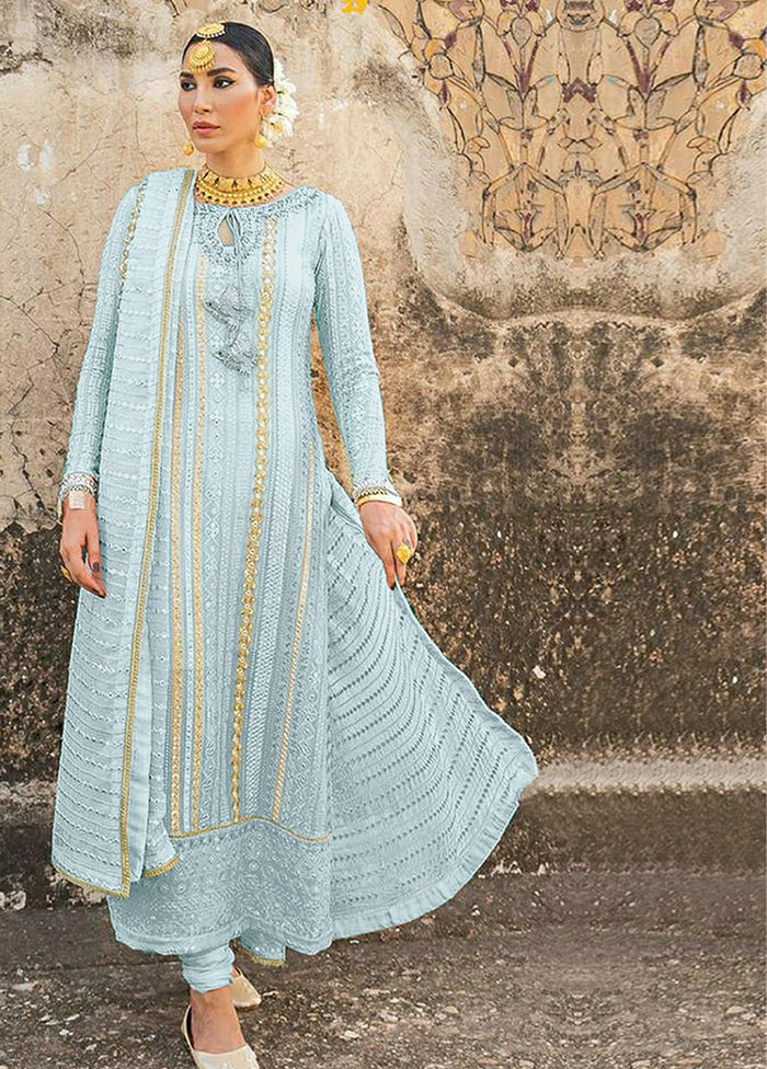 3 Pc Blue Semi Stitched Georgette Suit Set VDKSH100329 - Indian Silk House Agencies