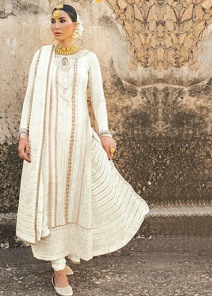 3 Pc White Semi Stitched Georgette Suit Set VDKSH100332 - Indian Silk House Agencies