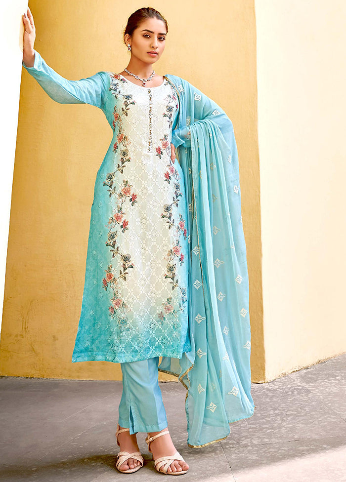 3 Pc Blue Semi Stitched Viscose Suit Set VDKSH100339 - Indian Silk House Agencies