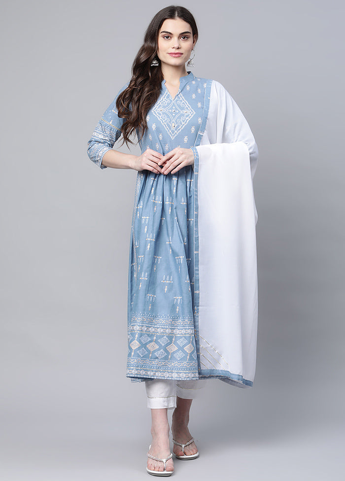 3 Pc Blue Readymade Cotton Anarkali Suit Set VDKSH120427 - Indian Silk House Agencies