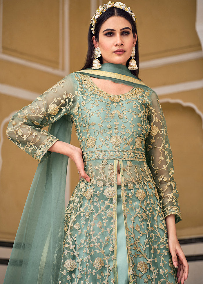 3 Pc Pista Green Semi Stitched Net Suit Set VDKSH31052108 - Indian Silk House Agencies